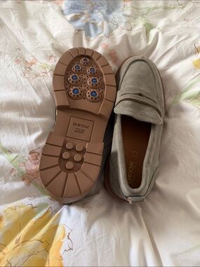 Geox Light Gray Suede Penny Loafers with Brown Lug Sole